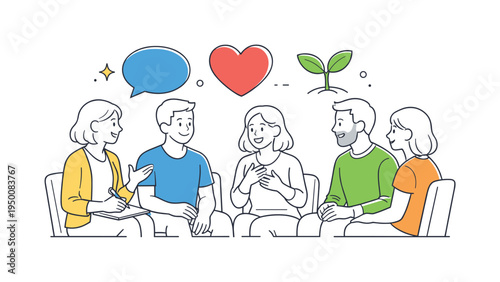 A mental health therapy support scene where a small group participates in a calm counseling session focused on emotional wellbeing and open communication, using a clear visual