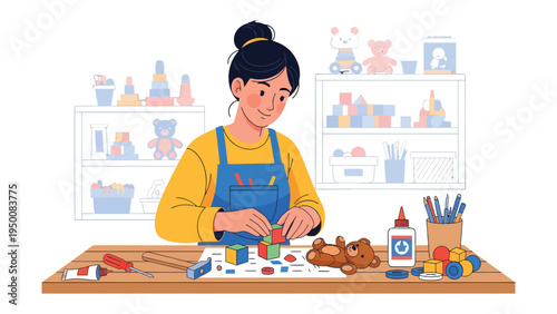 Creative Crafts: A craftswoman engages in a creative pursuit, meticulously assembling wooden blocks at her craft table. With focus and passion, she brings her imaginative designs to life.