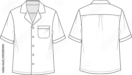 Men short sleeve button shirt technical fashion illustration, front and back view, casual pocket shirt flat sketch apparel vector