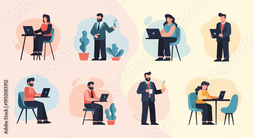 Diverse individuals working and taking breaks on laptops