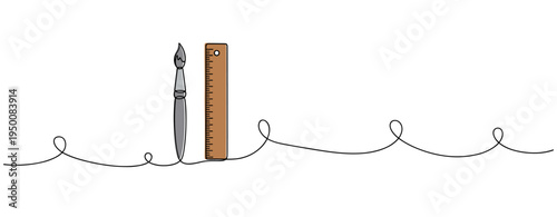 Pen and ruler standing beside continuous line on white. no editable strokes