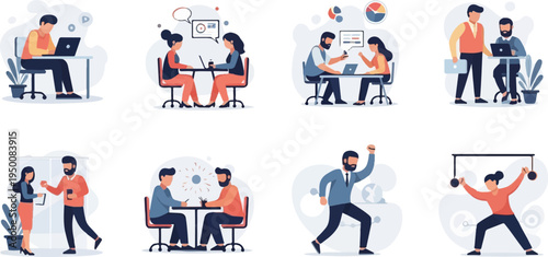 Diverse people collaborating in office, exercising, and celebrating success