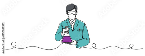 Male scientist holding conical flask with liquid in lab. no editable strokes