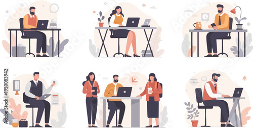 Diverse individuals working at desks with laptops, some interacting