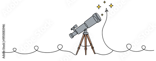 Telescope pointing at stars on tripod in minimal white background. no editable strokes