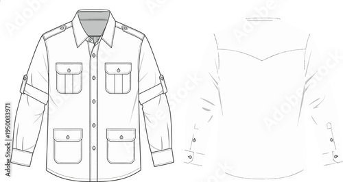 Men utility safari shirt technical fashion illustration, front and back view, long sleeve multi pocket collared shirt flat sketch apparel vector