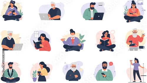 Diverse people engage in reading, typing, and fitness activities in modern settings