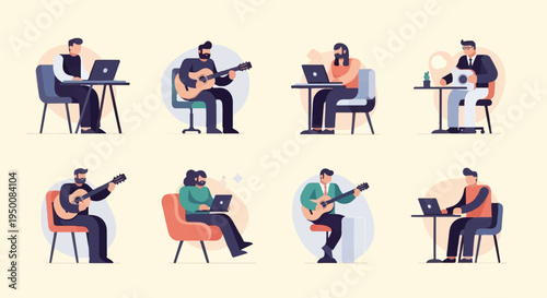 Diverse individuals working on laptops and playing guitars in a minimalist style