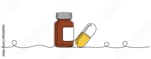 Medicine bottle with capsule leaning on simple white background. no editable strokes