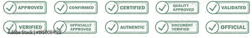 Approval and Verification Rubber Stamp Set – Approved, Verified, Certified Status Badges Vector. Transparent Grunge Effect.