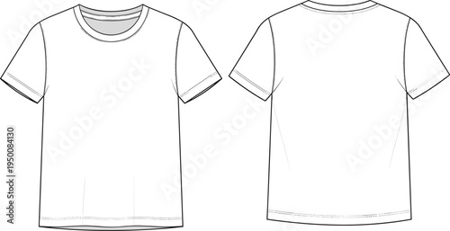 Women basic t shirt technical fashion illustration, front and back view, short sleeve crew neck tee flat sketch apparel vector