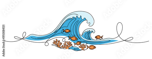 Ocean wave carrying fish and coral in continuous line style. no editable strokes