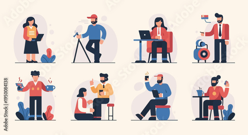 Diverse people engage in various activities like work, leisure, and creative pursuits