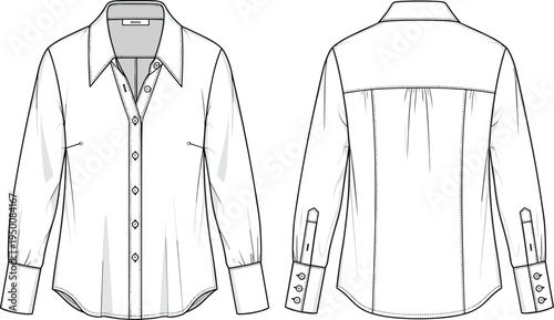 Women classic button shirt technical fashion illustration, front and back view, long sleeve collared blouse flat sketch apparel vector