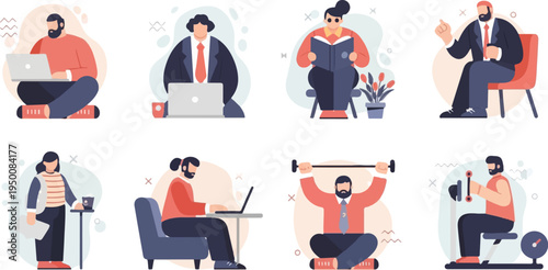 Diverse people engage in various activities like working and exercising