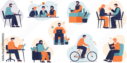 Diverse modern activities and work, people interacting digitally, physically