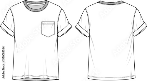 Women pocket t shirt technical fashion illustration, front and back view, rolled sleeve crew neck tee flat sketch apparel vector