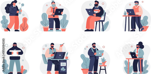 Diverse individuals working remotely with laptops amidst plants and simple decor