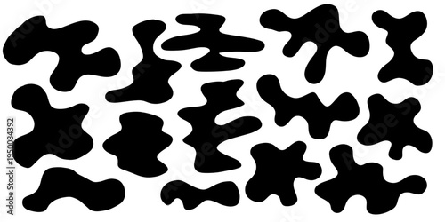 Black organic splash and blot shapes with uneven watery edges. Simple liquid vector set for backgrounds frames splatter graphics and abstract design compositions