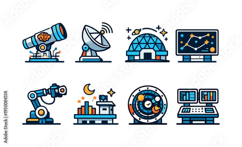 Futuristic urban observatory: AI telescope, satellite communication dish, planetarium dome, star map panel, robotic camera arm, light pollution sensor, astronomical clock, data