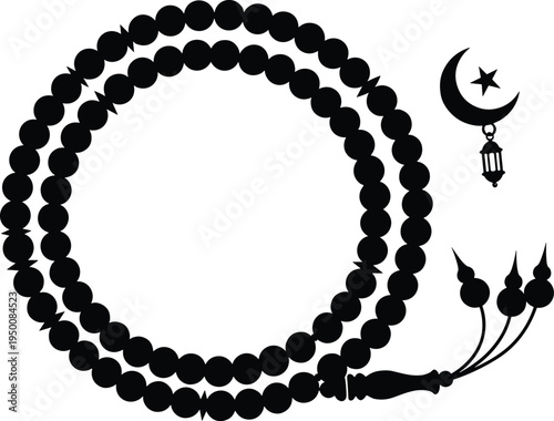 Elegant Islamic prayer beads silhouette illustration featuring misbaha tasbih with tassel, crescent moon, star, and lantern for Ramadan and Eid ul-Fitr festive artwork.