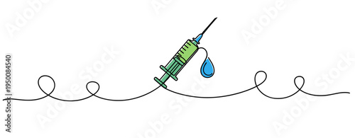 Syringe dripping liquid on continuous white line background. no editable strokes
