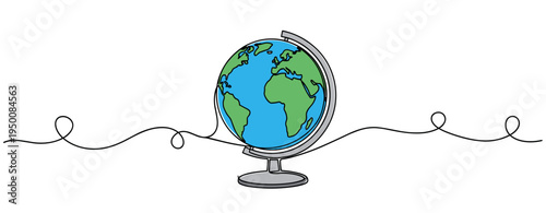 Globe showing continents on stand with continuous line. no editable strokes