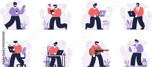 Diverse men engaged in various activities, from work to leisure and creativity