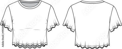 Women ruffle hem crop top technical fashion illustration, front and back view, short flutter sleeve blouse flat sketch apparel vector