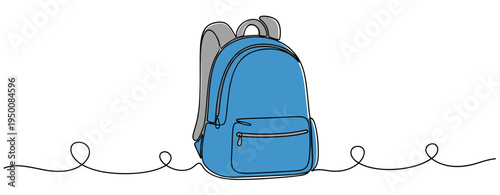 Blue backpack standing on continuous line background. no editable strokes