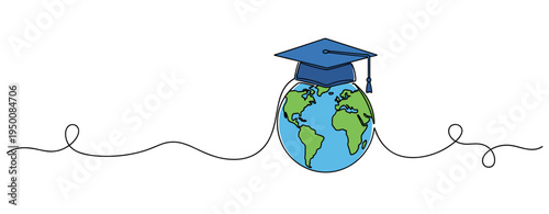 Globe wearing graduation cap on continuous line educational background. no editable strokes