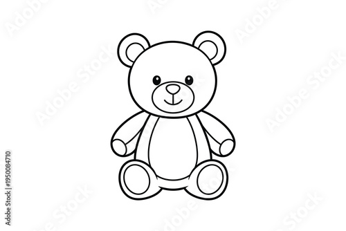 A cute black and white line drawing of a smiling teddy bear sitting upright with a friendly expression on a plain white background, perfect for children's illustrations and educational materials.