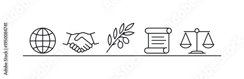 International diplomacy and peaceful global cooperation between countries through dialogue, agreements, and strategic negotiation for long-term stability, globe, handshake, olive