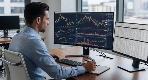 Man analyzing financial data on multiple computer monitors in a modern office setting