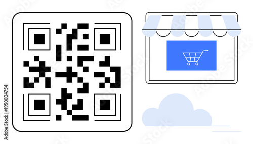 E-commerce, online payments, digital marketing, mobile technology, QR codes, shopping platforms. Black and white QR code alongside a digital storefront and shopping cart icon. E-commerce and online