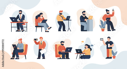 Diverse individuals working remotely on laptops and phones, diverse settings