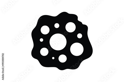 A black and white abstract illustration of a circular shape with various sized holes, resembling a gasket or a stencil, on a plain white background.