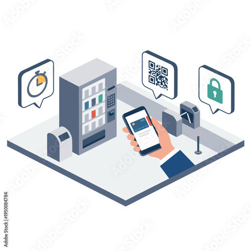 Person uses smartphone to interact with vending machine and security lock at outdoor location.
