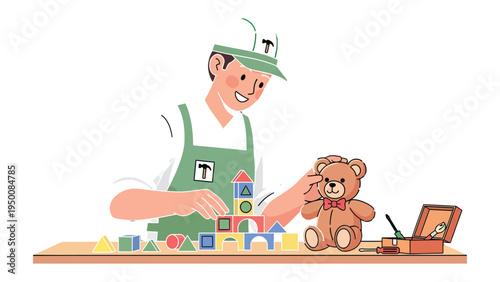 Toy Builder: A builder engages in a moment of creativity and imagination, carefully constructing a structure from colorful wooden blocks, alongside a cuddly teddy bear on a wooden surface. 