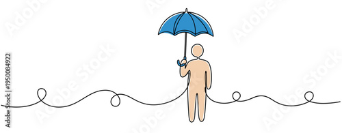 Person holding umbrella standing on continuous line white space. no editable strokes