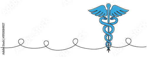 Caduceus symbol rising above continuous medical line illustration. no editable strokes