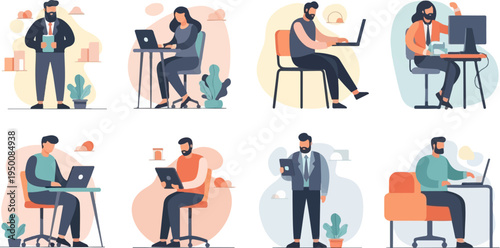 Diverse individuals focused on work at various office setups