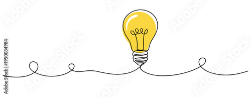 Light bulb illuminated on continuous line in white space. no editable strokes