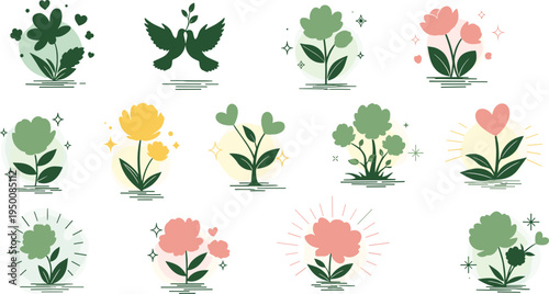 Minimal botanical flower icon collection with leaves, clover and blooming plants, modern flat floral symbols in soft colors for nature branding vector illustration set
