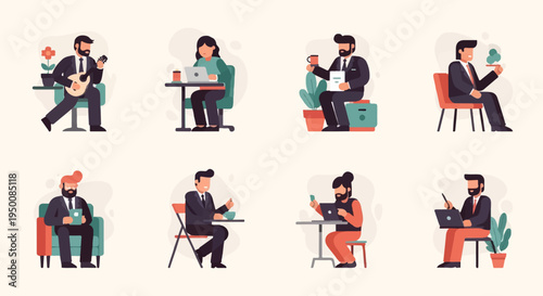 Diverse individuals in business attire engaging in various activities