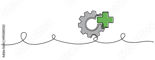 Gear with green plus symbol indicating maintenance support line. no editable strokes