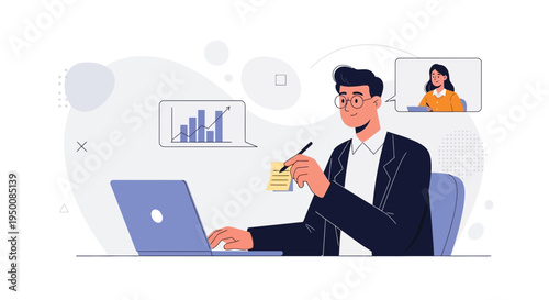 Business meeting online: man working on laptop, video call with colleague, growth chart