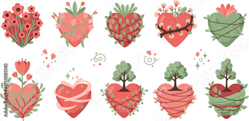 Romantic heart and floral illustration collection with blooming flowers, trees and botanical decorations, love themed nature elements in soft colors vector design set