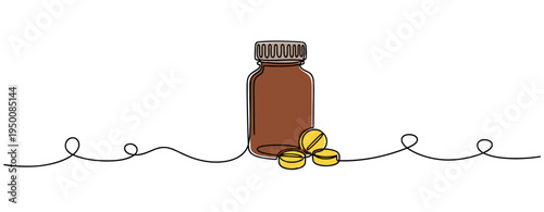 Medicine bottle with tablets placed on continuous line background. no editable strokes