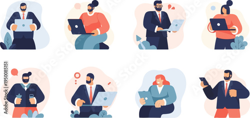 Diverse individuals in business attire use modern technology for work and communication